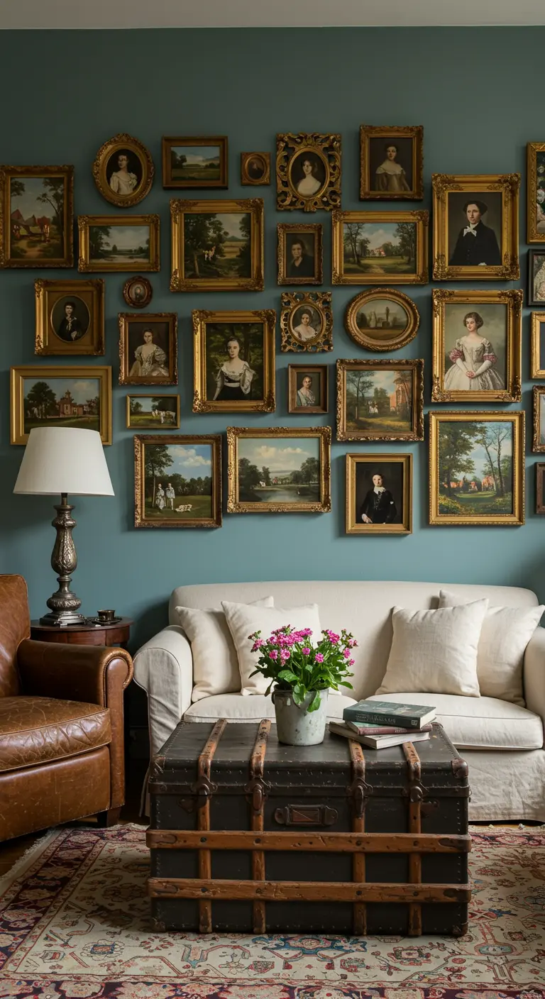 Donkergroene muur vol met vintage portretten in gouden lijsten.
