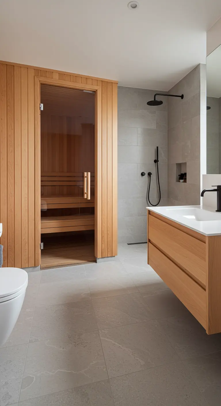 Badkamer met een ingebouwde houten sauna, grijze tegels en een zwevend houten meubel.