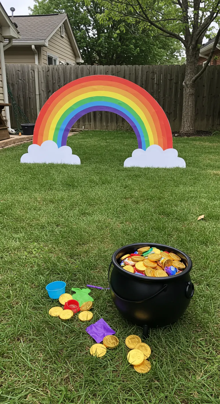 Grote houten regenboog in de tuin met een pot vol gouden munten ervoor.