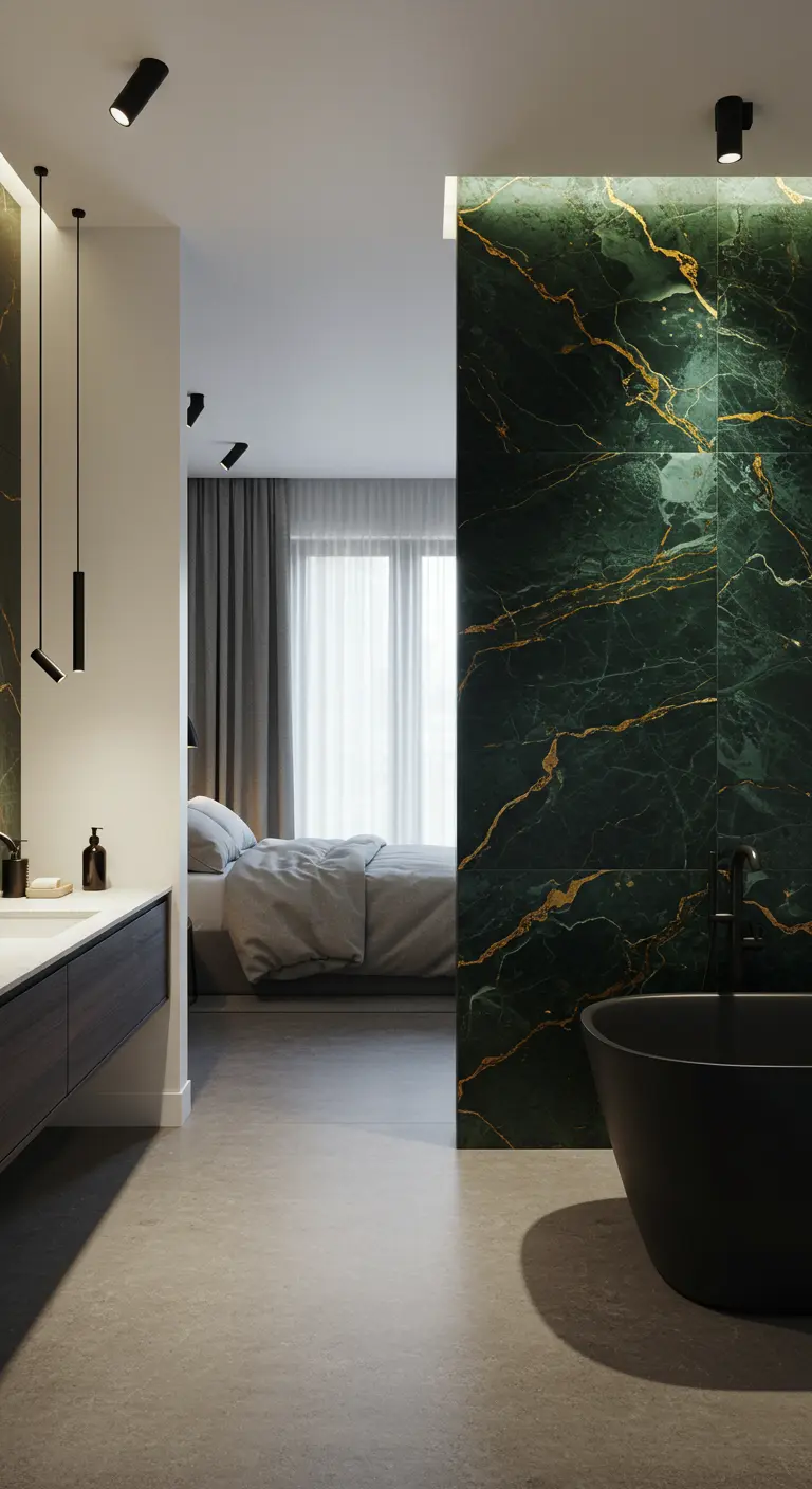 Open badkamer en slaapkamer met een donkergroene marmeren scheidingswand.