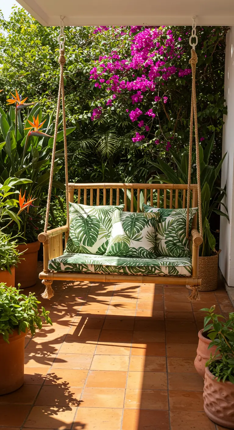 Bamboe schommelbank met kussens met bladprint, hangend op een terras met tropische planten en roze bloemen.
