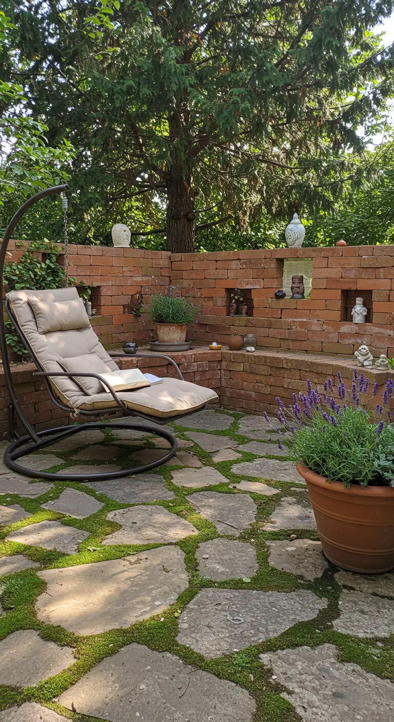 Moderne schommelstoel op een terras van flagstones, naast een muur met decoratieve nisjes.