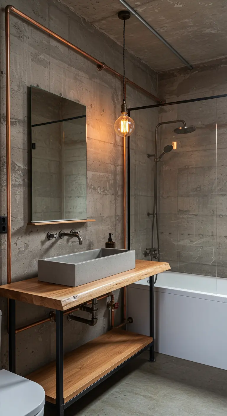 Industriële badkamer met betonnen muren, zichtbare koperen leidingen en een houten wastafelmeubel.
