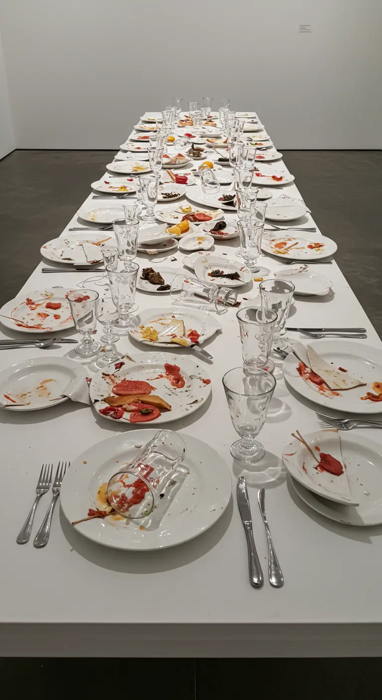Een lange witte tafel met de restanten van een diner, als een kunstinstallatie.