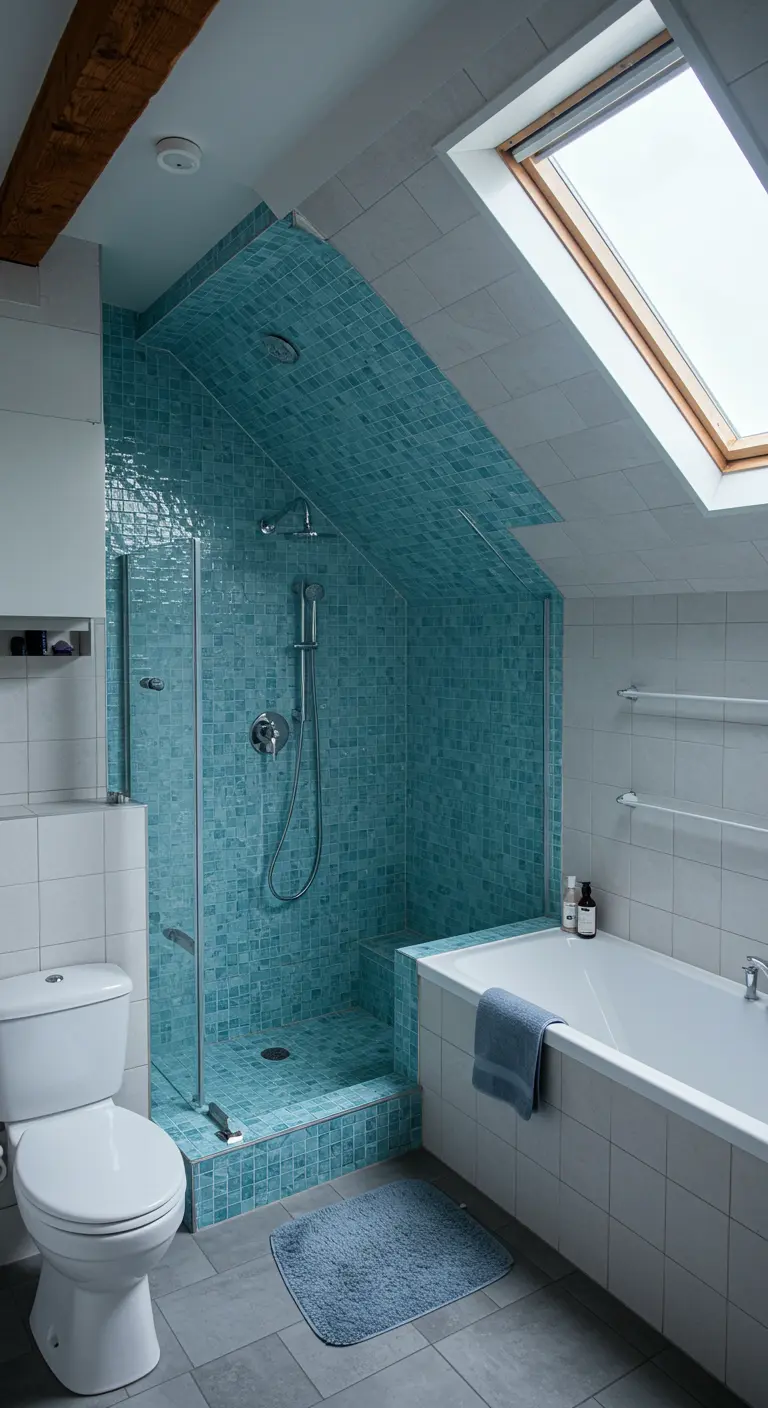 Douche onder een schuin dak, volledig betegeld met blauwe mozaïek zelliges.