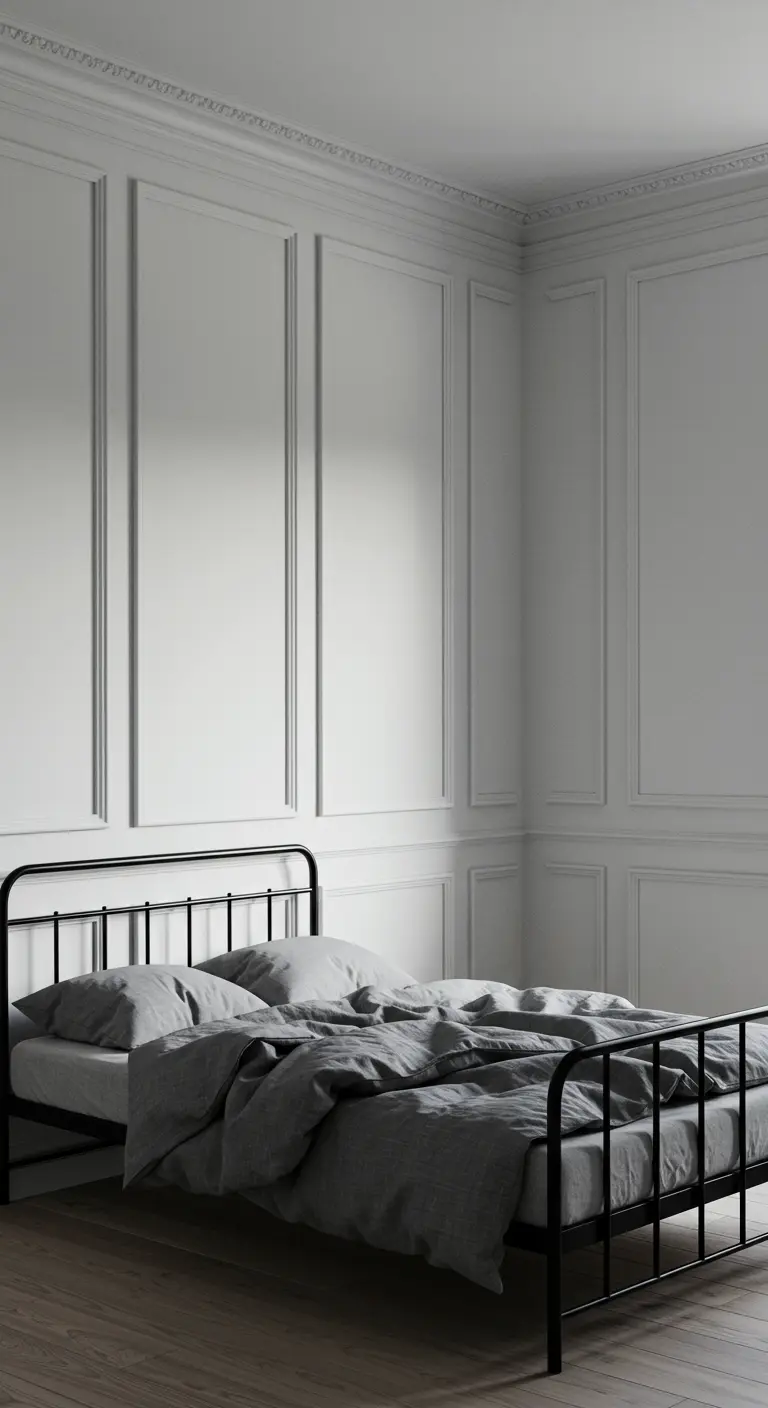 Minimalistische slaapkamer met grijze wandpanelen en een zwart metalen bed.