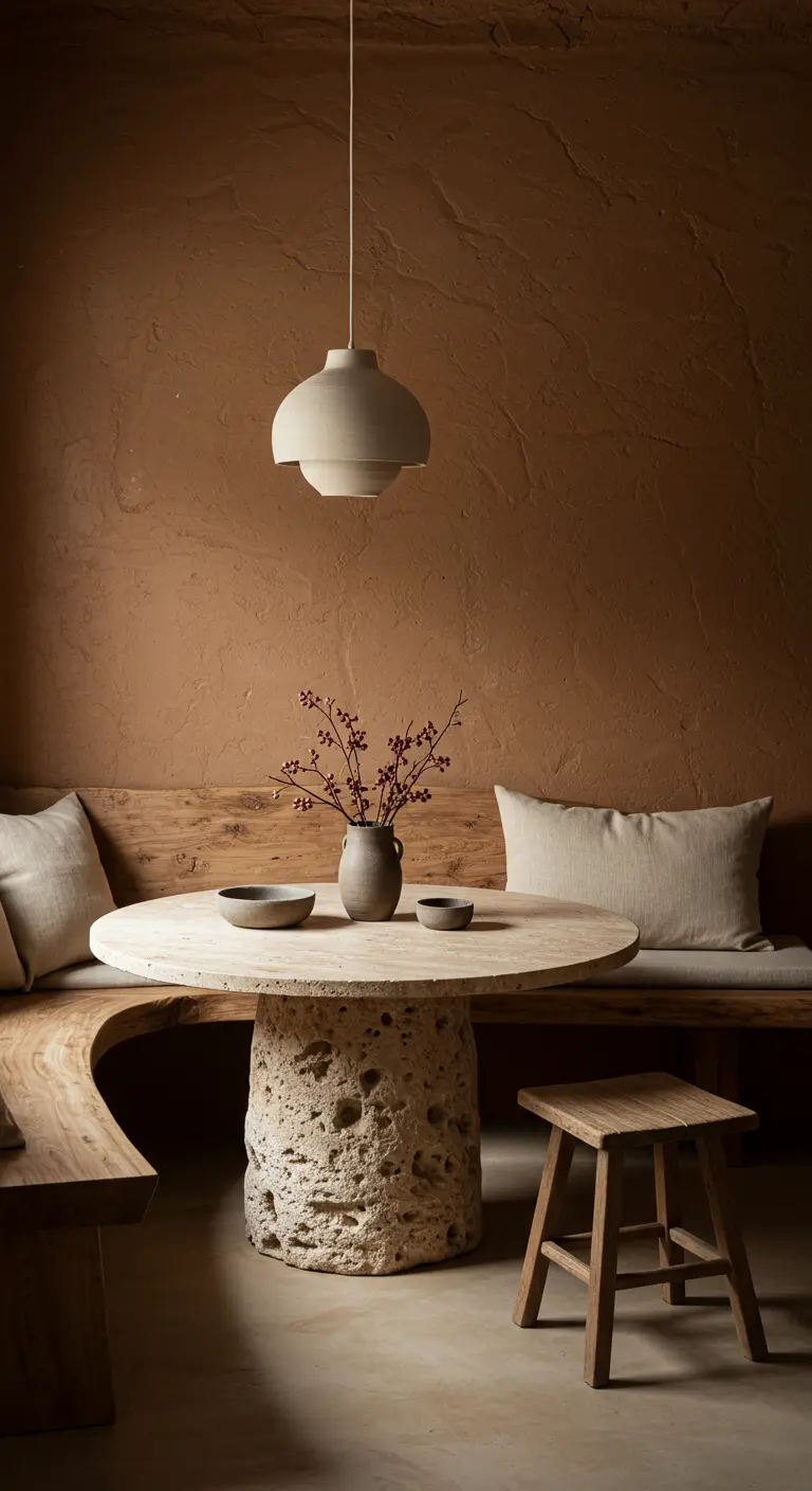 Wabi-sabi eethoek met ruwe muren, een houten bank en een stenen tafel.