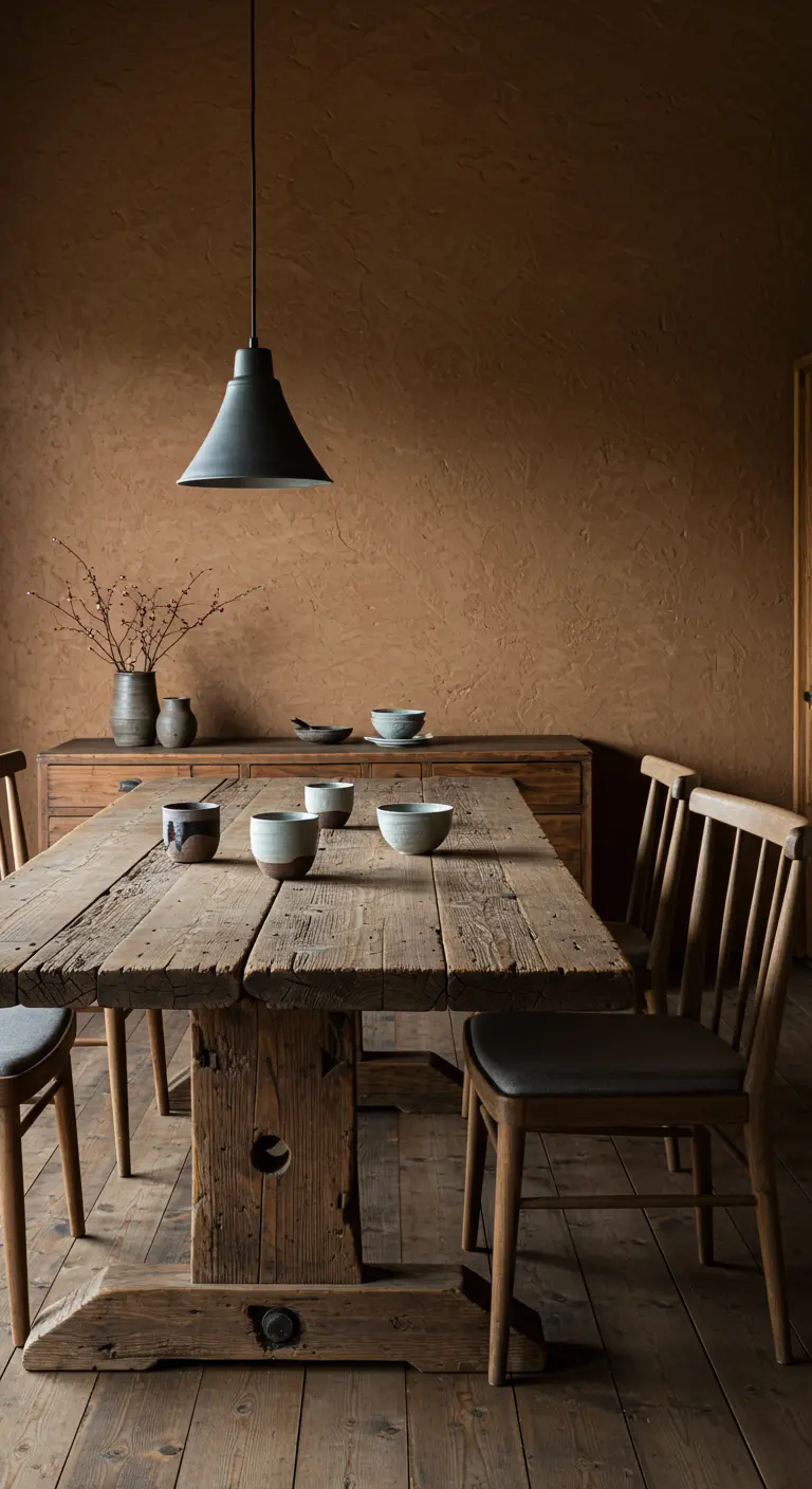 Rustieke houten tafel tegen een bruine, gestucte muur met handgemaakt aardewerk.