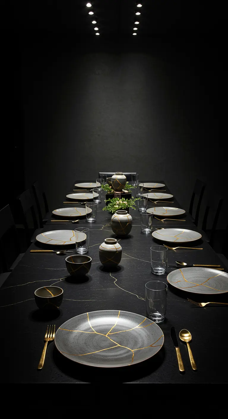 Donkere tafel met borden in Kintsugi-stijl, met gouden 'breuklijnen'.