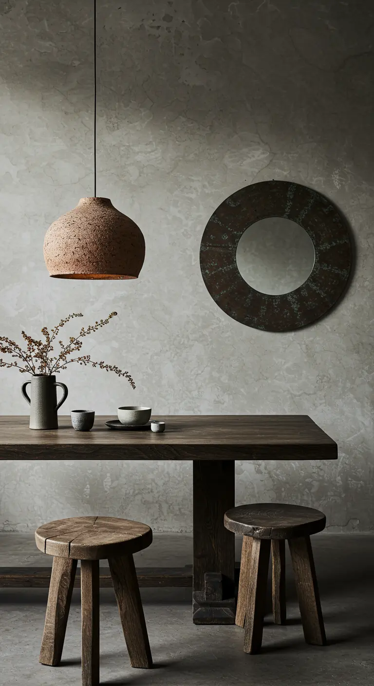 Wabi-sabi eethoek met een donkere houten tafel, ruwe stenen lamp en een verweerde ronde spiegel.