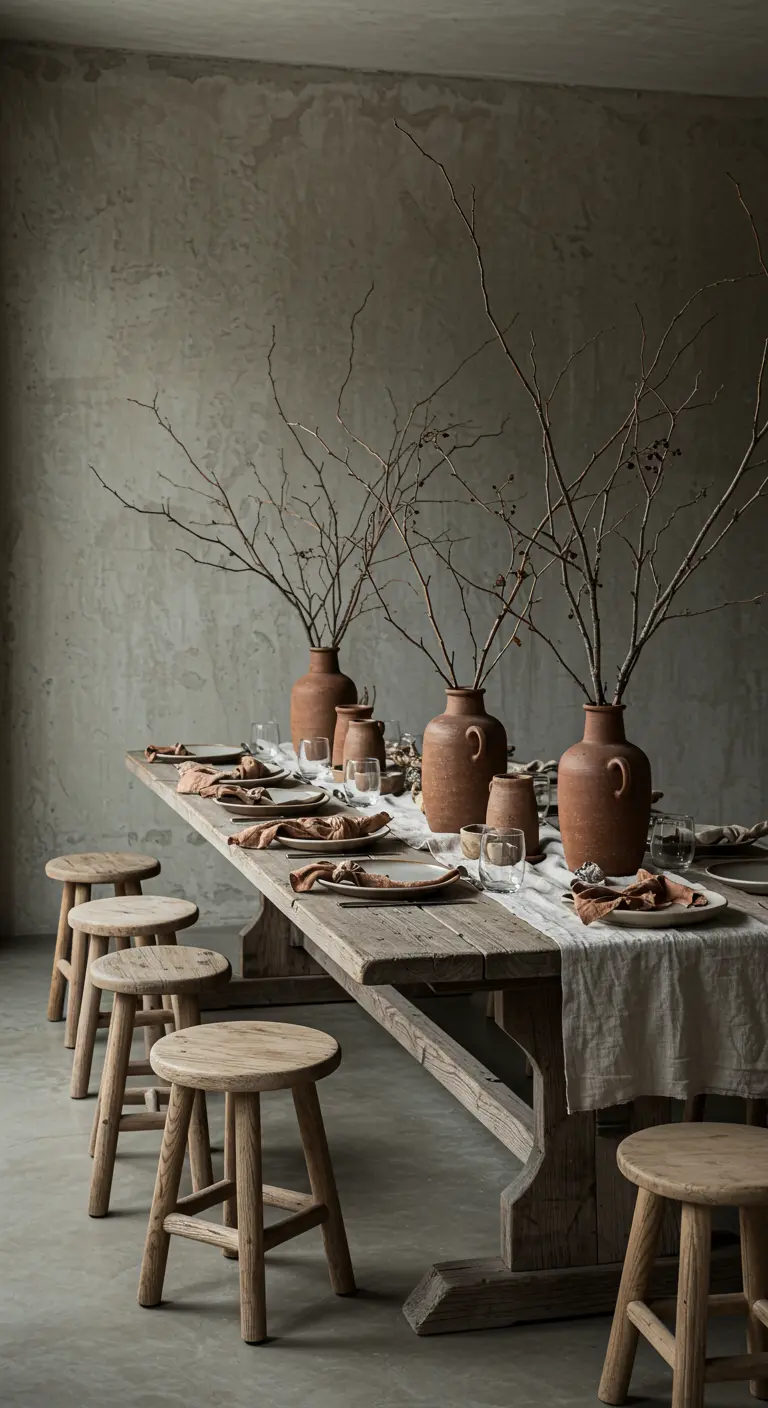 Rustieke houten tafel met terracotta vazen met kale takken en houten krukjes.