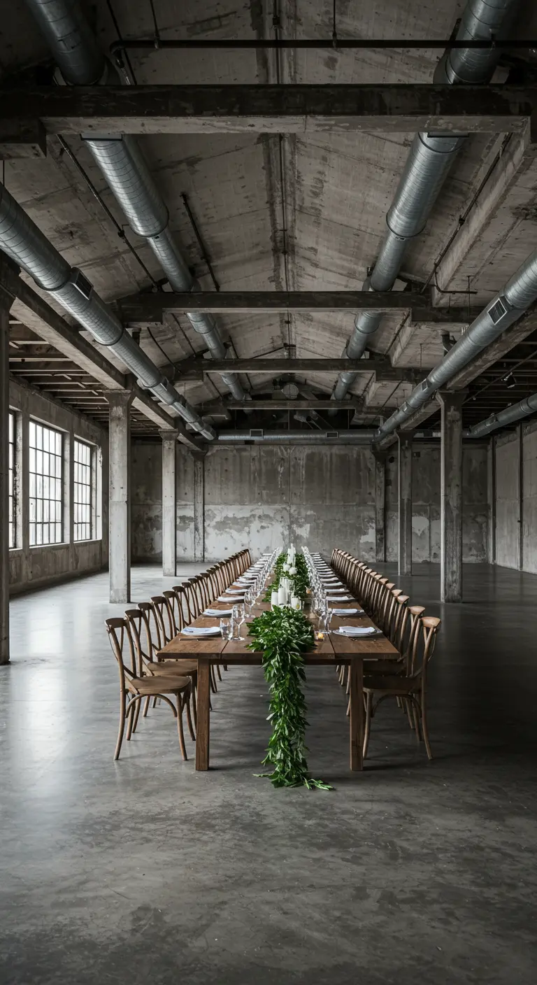 Eén lange, gedekte houten tafel in een lege, rauwe betonnen fabriekshal.