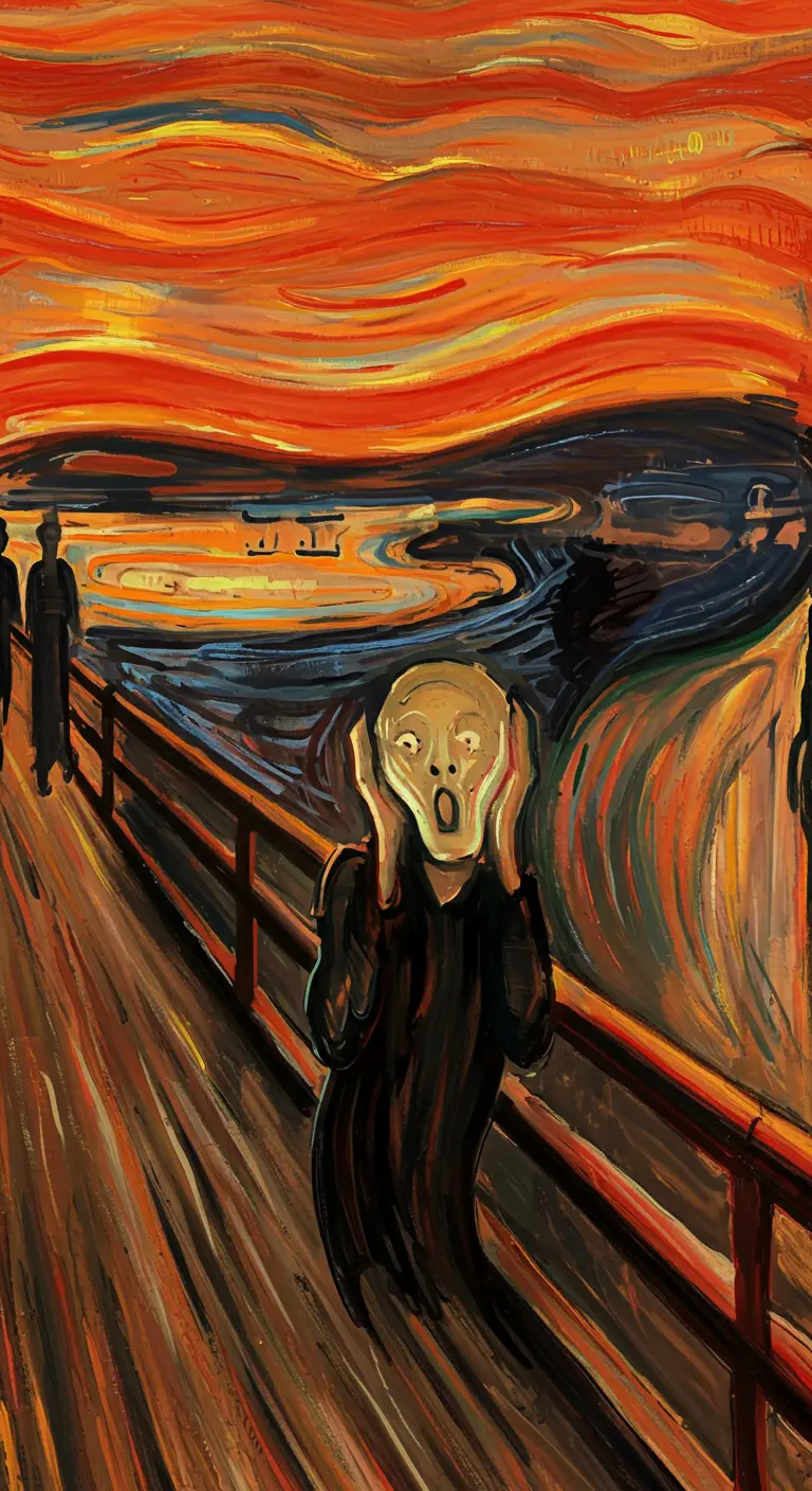 Levendige woonkamer met een muurschildering van Munch's De Schreeuw en minimalistische meubels