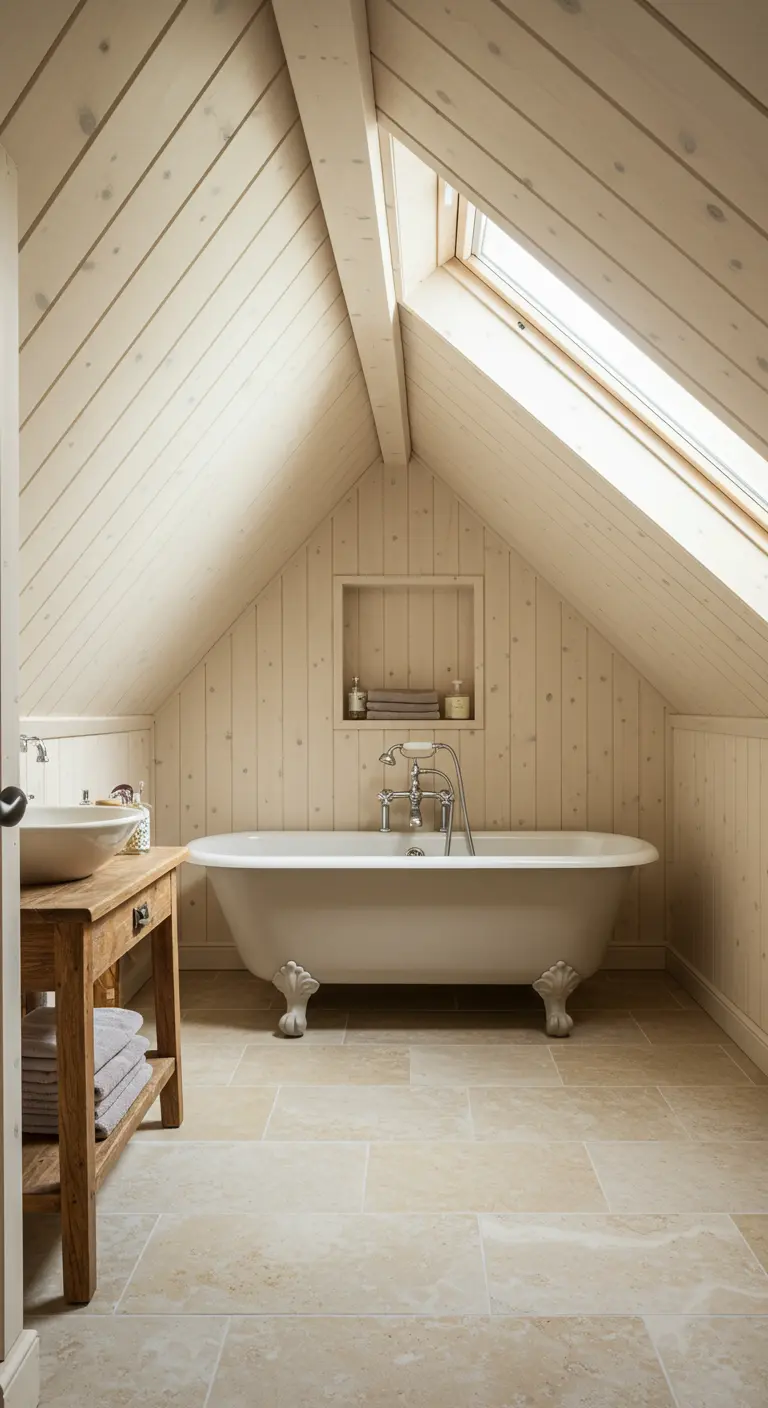 Landelijke zolderbadkamer met schuine wanden van wit hout, vrijstaand bad en houten meubel.