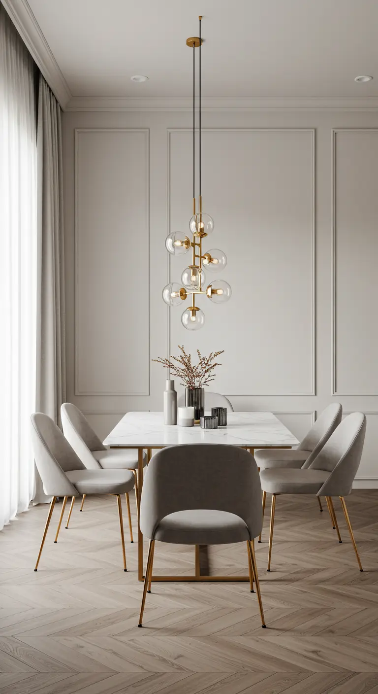 Minimalistische eetkamer met een witte marmeren tafel, grijze fluwelen stoelen en een moderne gouden hanglamp met glazen bollen.