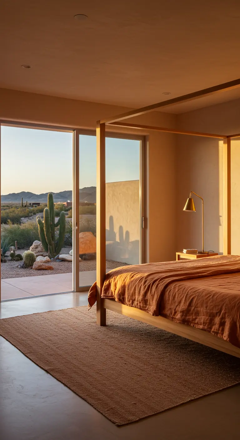 Licht houten hemelbed in een minimalistische kamer met uitzicht op een woestijnlandschap.