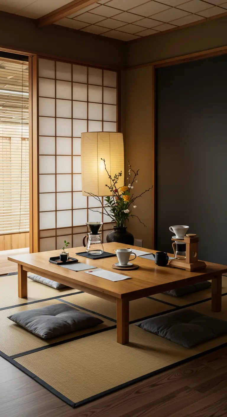 Japanse zithoek met een lage houten tafel, grijze vloerkussens en een papieren lantaarn.