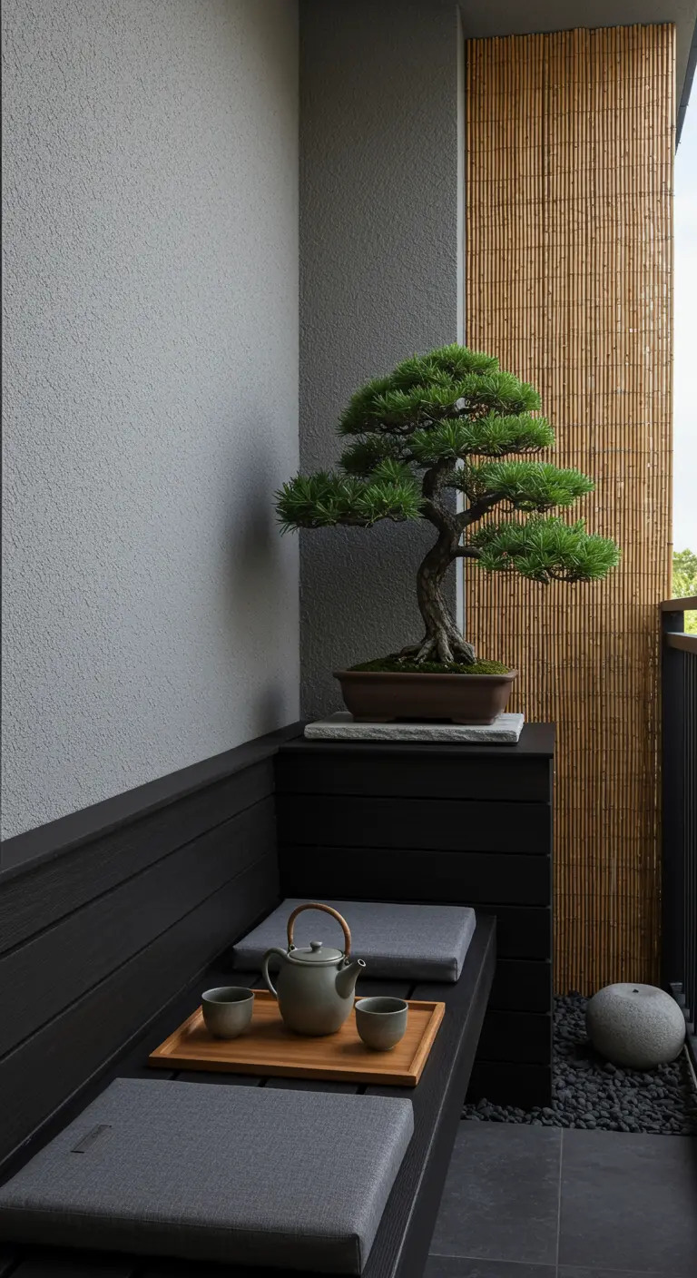 Minimalistisch balkon in Japanse stijl met donker bankje, bonsaiboom en bamboescherm.