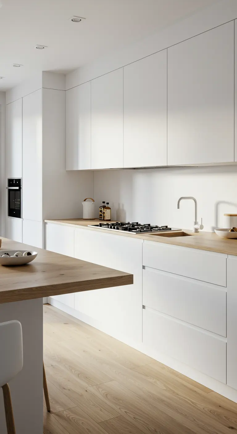 Strakke, greeploze witte keuken met een licht houten werkblad en bijpassende houten vloer.