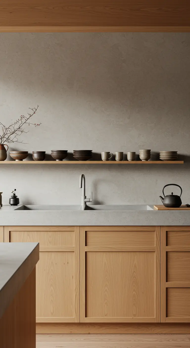 Minimalistische keuken met betonlook muren en een enkele houten plank met handgemaakt aardewerk.