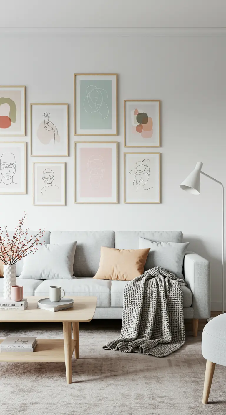 Minimalistische galerijmuur met lijntekeningen in pastelkleuren boven een lichte bank.