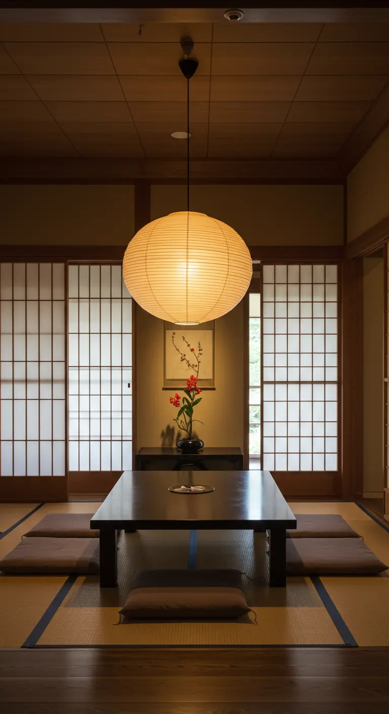 Japanse eetkamer met een grote papieren lantaarn boven een lage zwarte tafel op tatami-matten.