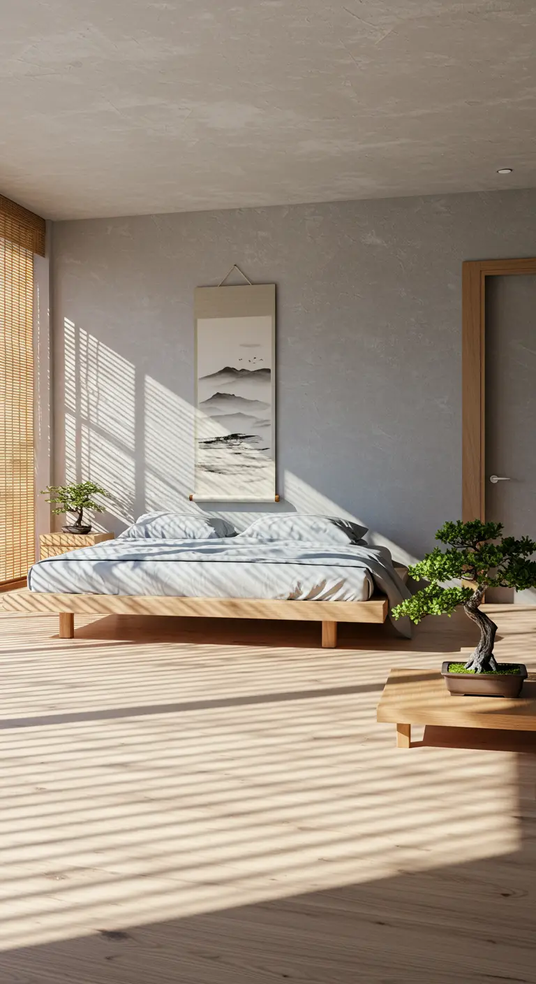 Japandi slaapkamer met laag bed, bamboe rolgordijn, en bonsai boompje in het zonlicht.