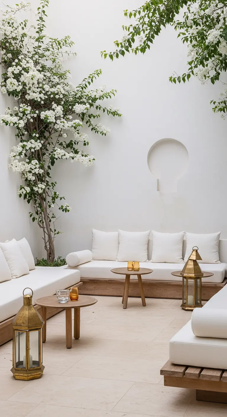 Lichte, witte patio met witte loungebanken, houten tafeltjes en gouden lantaarns.