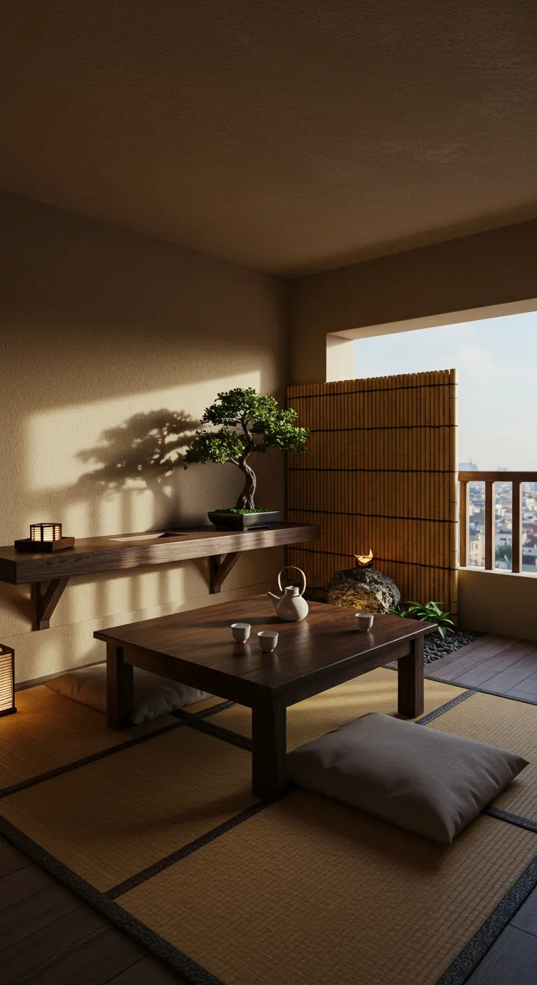 Japanse theeruimte op een balkon met een lage tafel, kussens, tatami-matten en een bonsaiboom.