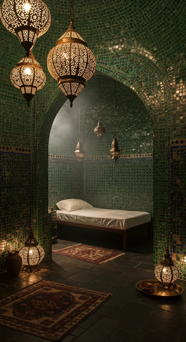 Serene ruimte met groene mozaïektegels, een houten bed en hangende gouden lantaarns.