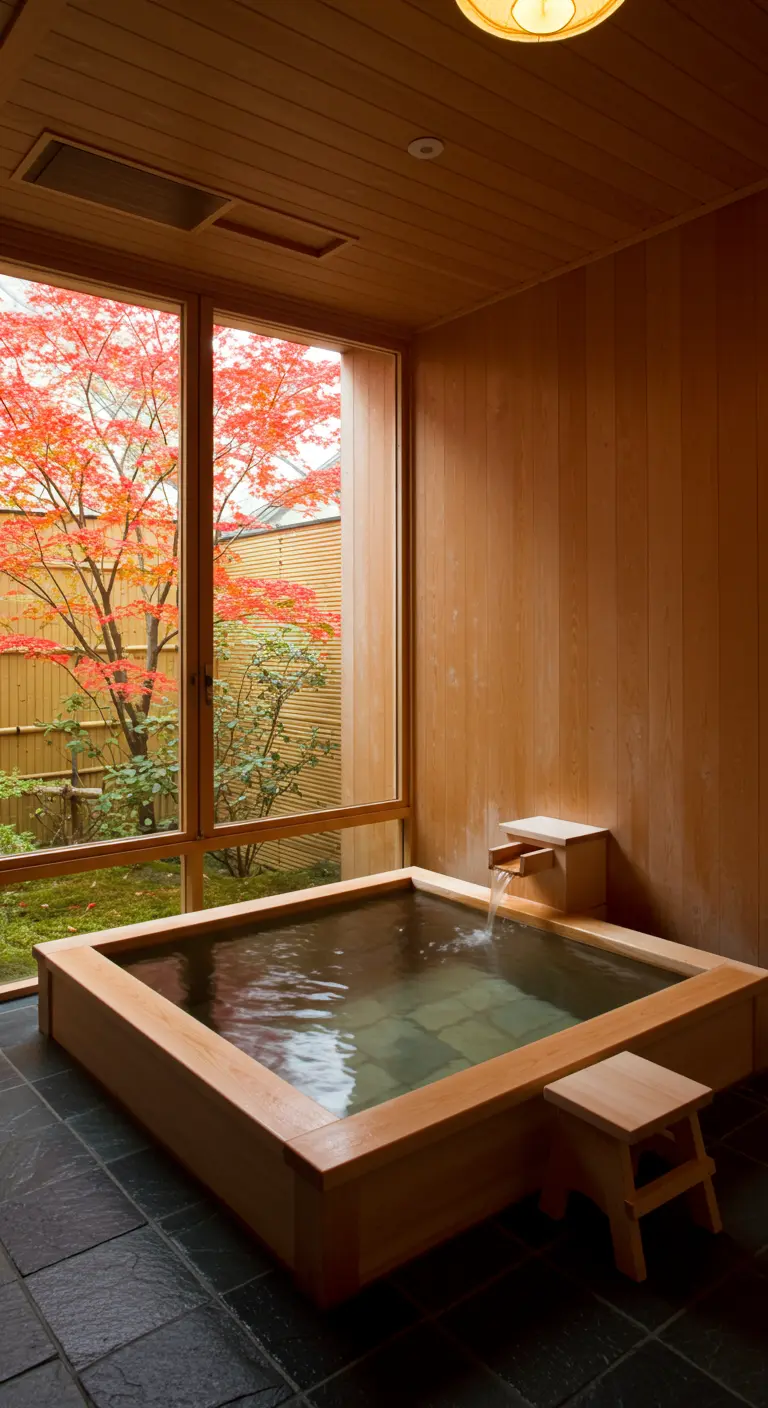 Japanse stijl badkamer met een houten inweekbad en uitzicht op een esdoorn.