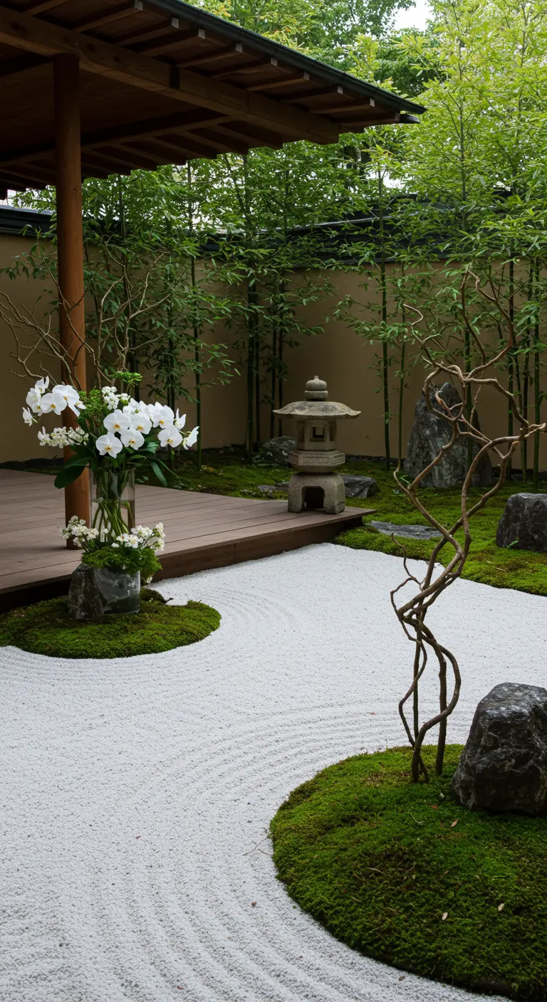 Ceremonie-setting in een Japanse tuin met geharkt wit grind, mos, stenen en een vaas met orchideeën.