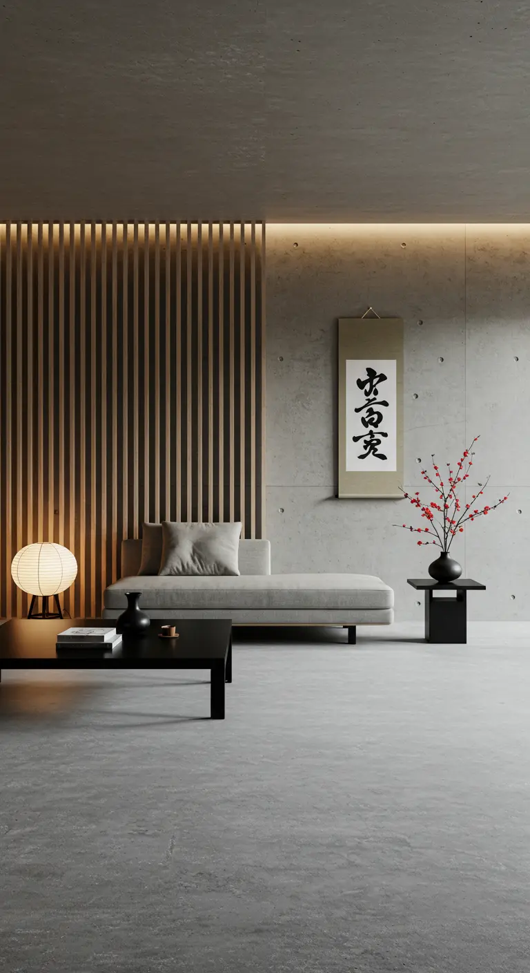 Japandi-stijl woonkamer met betonnen muren, een houten lattenwand en een Japanse hangrol.