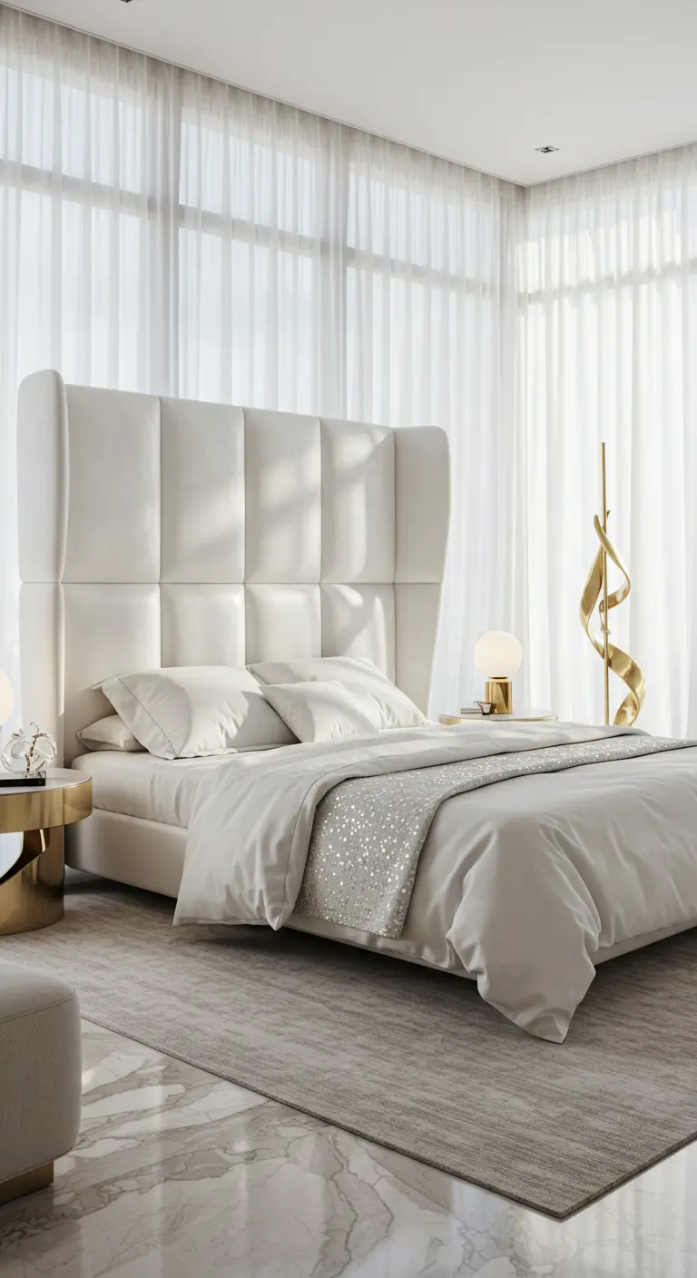 Witte, lichte slaapkamer met een hoog, wit gestoffeerd hoofdbord, witte lakens en gouden decoratieve accenten.