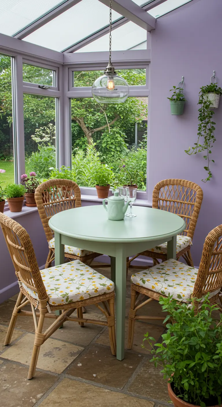 Serre eethoek met lila muren, mintgroene tafel, rotan stoelen en planten in vensterbank.