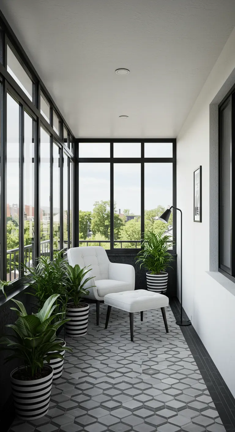 Ingesloten balkon met zwarte kozijnen, een witte stoel en planten in gestreepte potten.