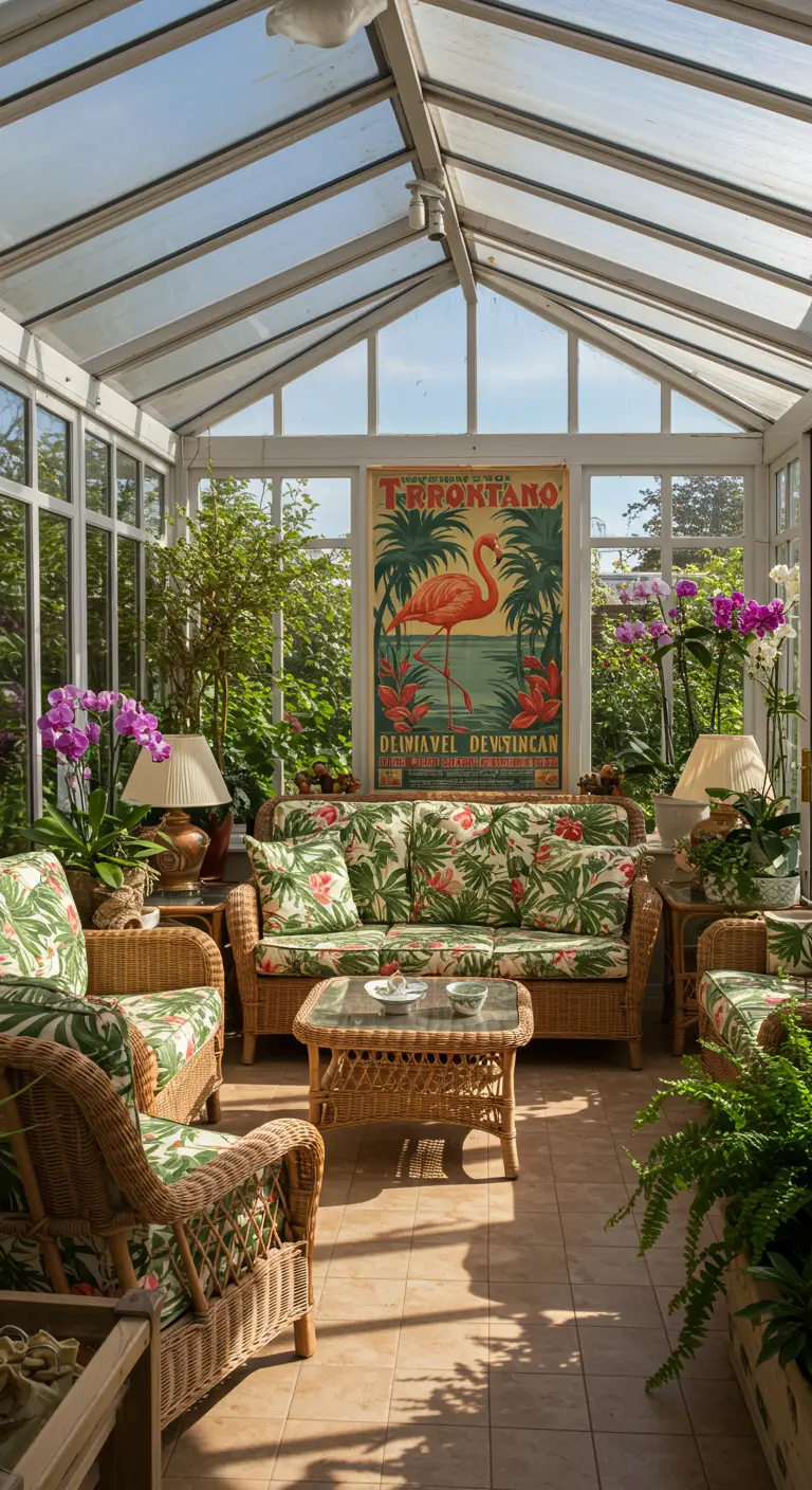 Serre ingericht met rotan meubels met tropische print en een grote vintage flamingoposter.