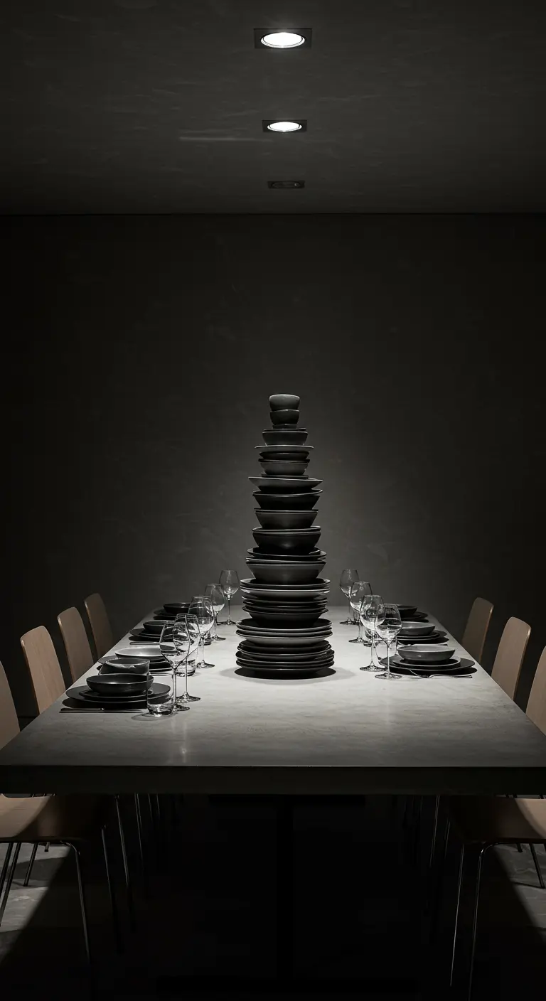 Toren van gestapelde zwarte borden op een minimalistische tafel.