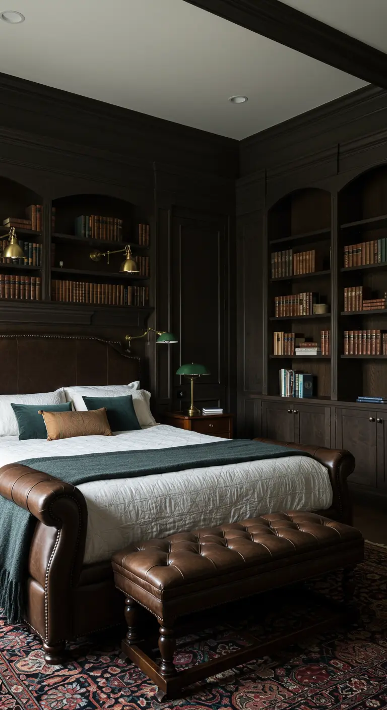 Donkere slaapkamer met ingebouwde boekenkasten en een leren bed.