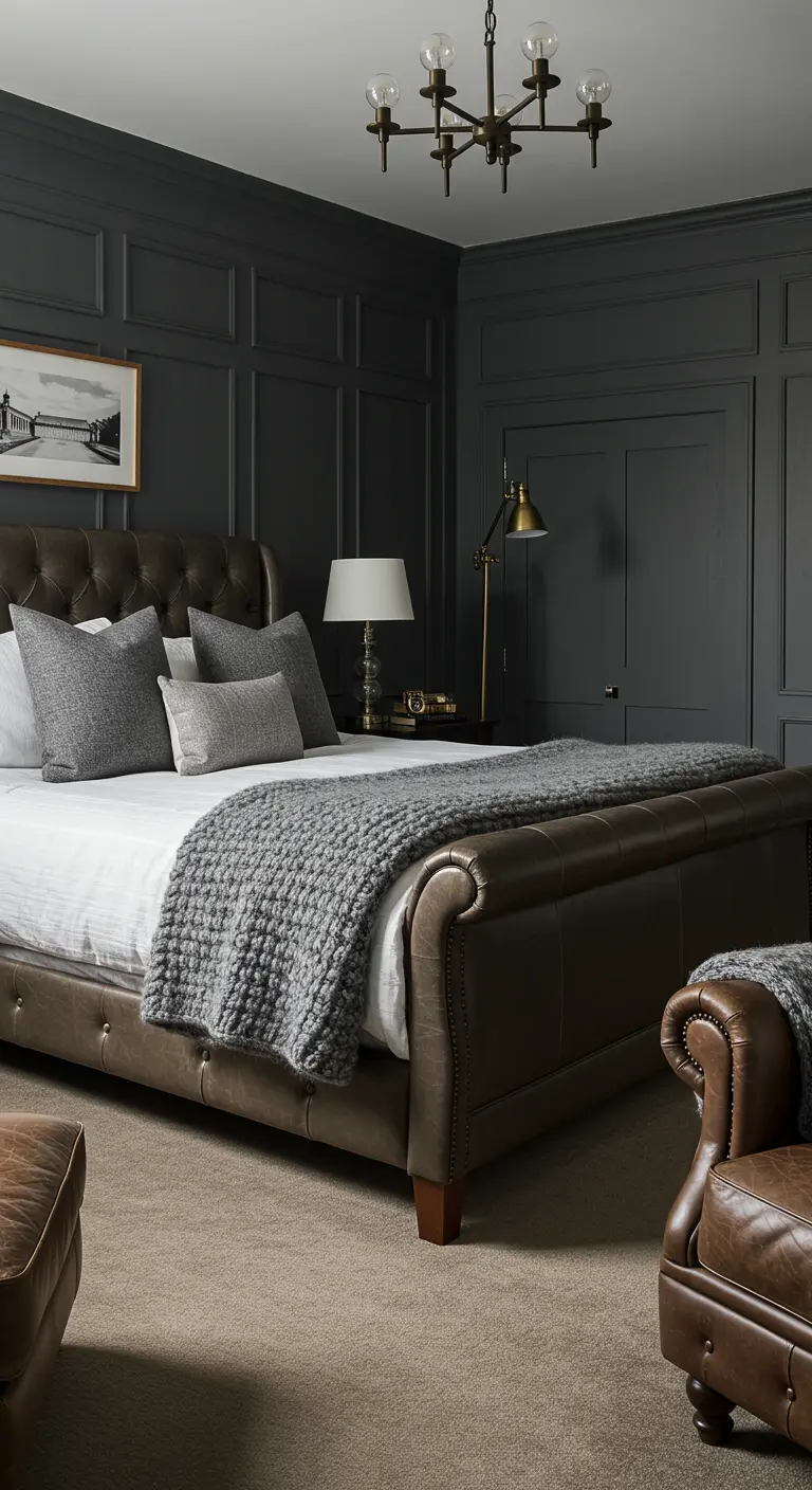 Donkergrijze slaapkamer met wandpanelen, een bruinleren bed en een grof gebreid plaid.