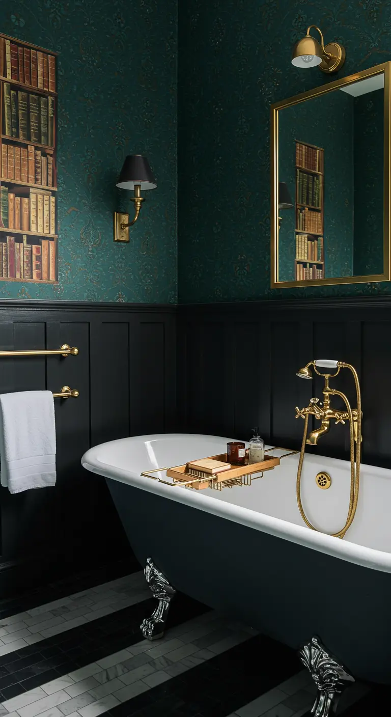 Klassieke badkamer met boekenkastbehang boven zwarte lambrisering en een bad op pootjes.