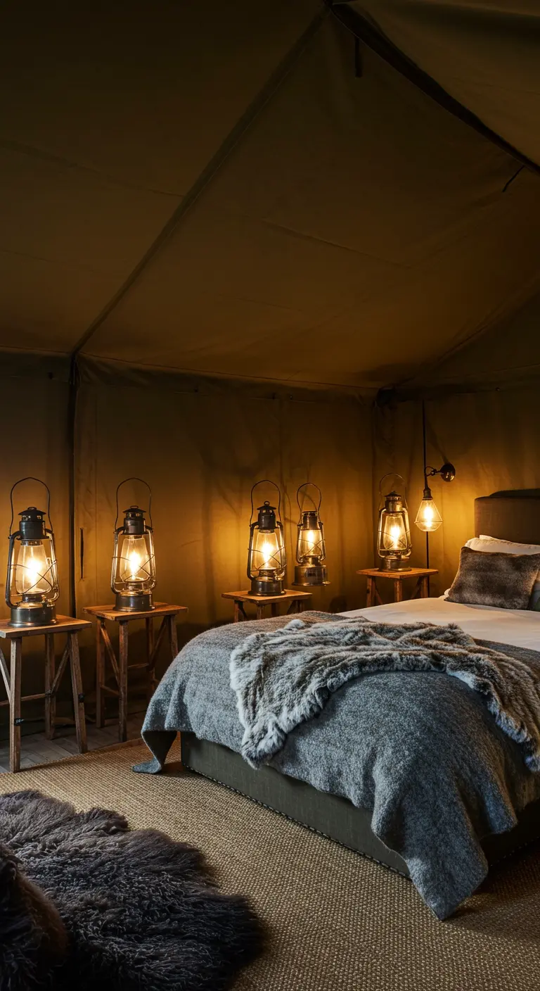 Slaapkamer ingericht als een safaritent, met canvas muren, olielampen en schapenvachten.