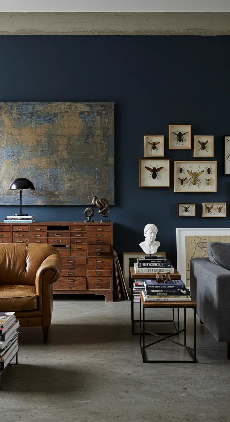 Donkerblauwe woonkamer met een vintage apothekerskast en een collectie ingelijste insecten aan de muur.