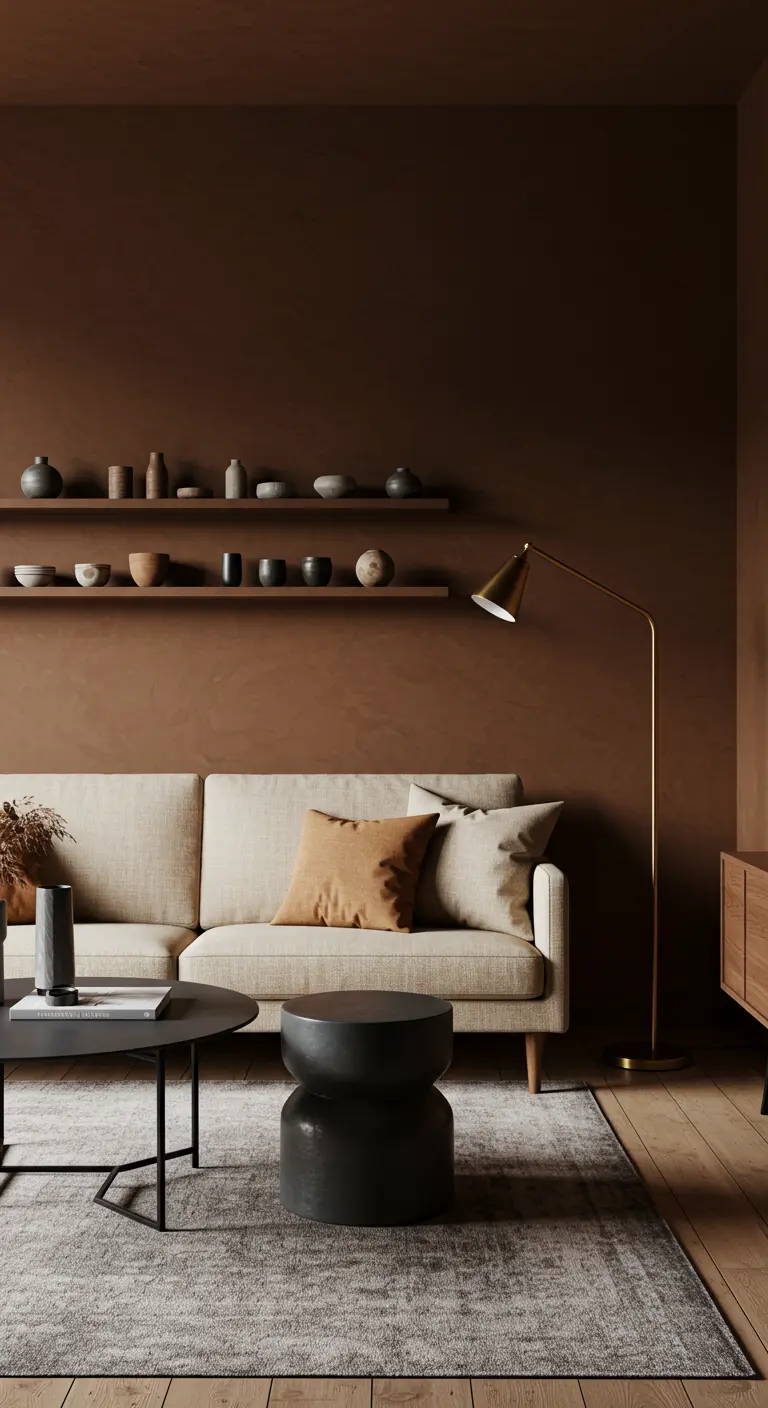 Woonkamer met bruine muren en zwevende planken met een collectie aardewerk.