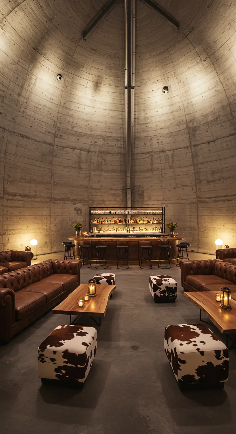 Lounge met leren banken en een bar in een ronde, betonnen silo.