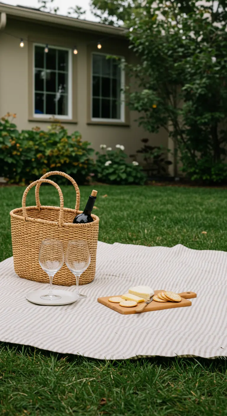 Simpele, stijlvolle picknick in het gras met een gestreept kleed, een rieten mand, wijn en kaas.