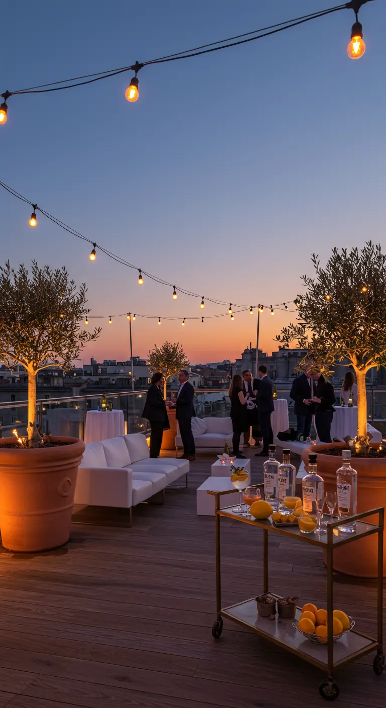 Stijlvol dakterras met loungebanken en prikverlichting bij zonsondergang.
