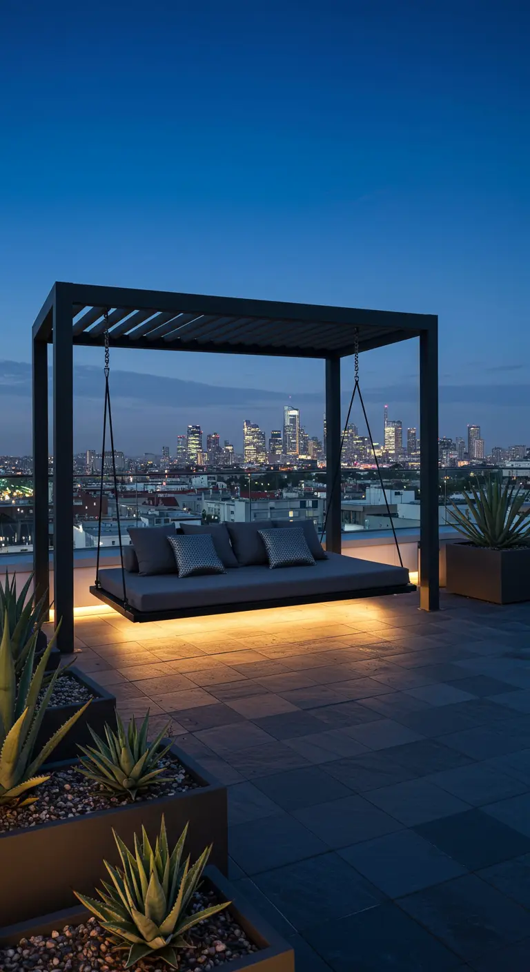 Modern zwart daybed met pergola op dakterras met uitzicht op de stad bij nacht.