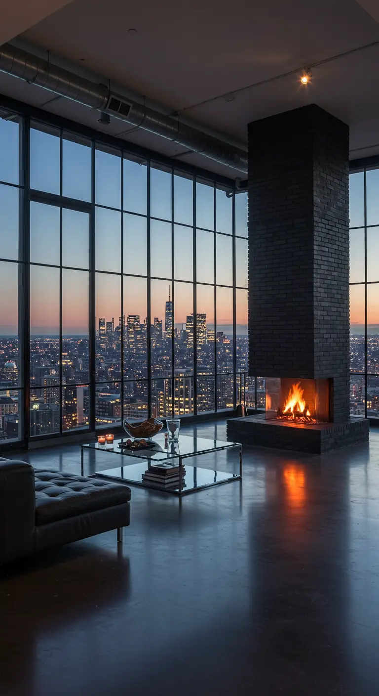 Luxe penthouse woonkamer met een brandende haard en uitzicht op de verlichte skyline.