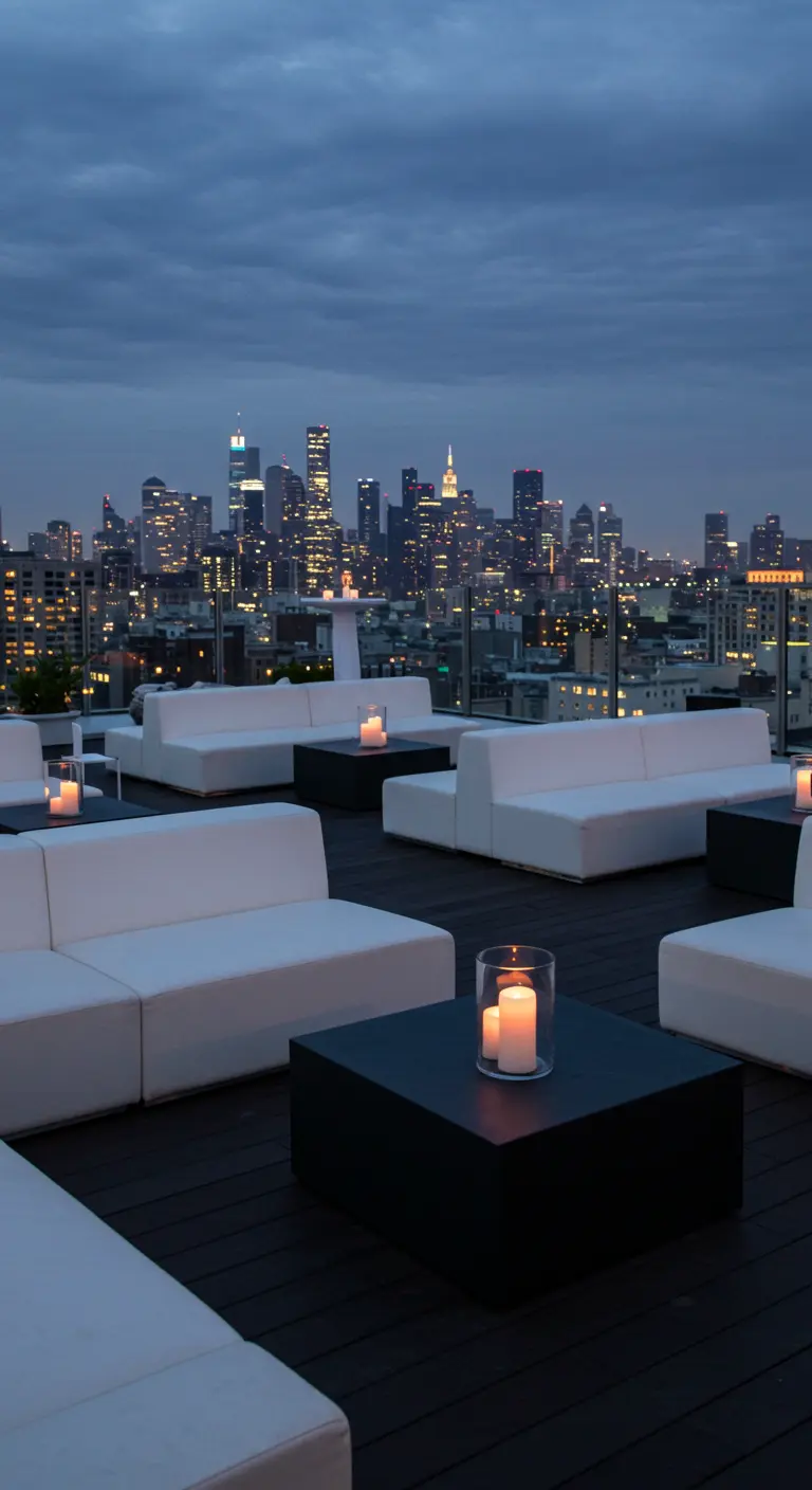 Minimalistische rooftop lounge met witte banken en uitzicht op een verlichte skyline in de avond.